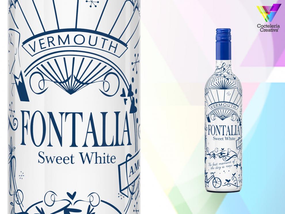 imagen de la botella de Fontalia Sweet White vermouth blanco con detalle de la etiqueta