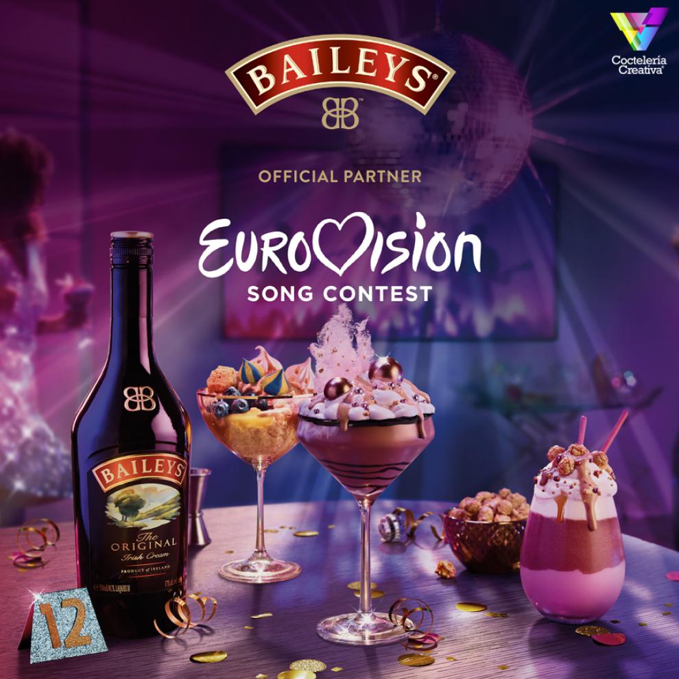 imagen botella de Baileys y postres con cartel de Eurovisión