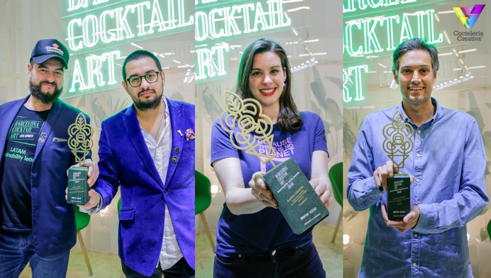 imagen de los ganadores del reconocimiento en barcelona cocktail art premios sustainability spirits awards 2020