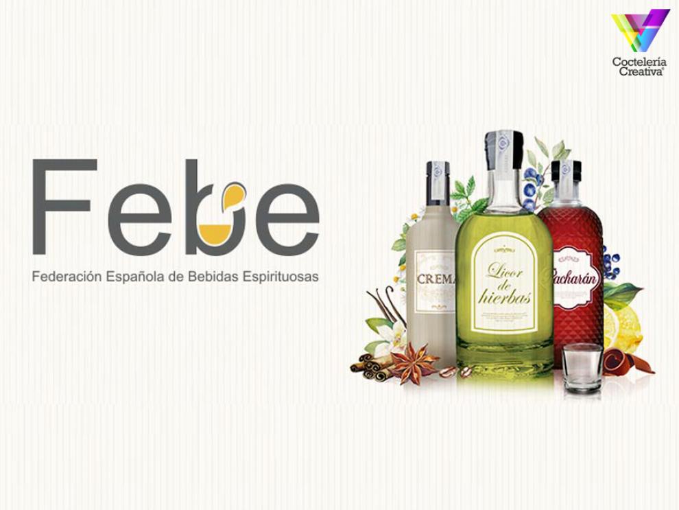 Logo Federación Española de Bebidas Espirituosas (FEBE) imagen FEBE con botellas