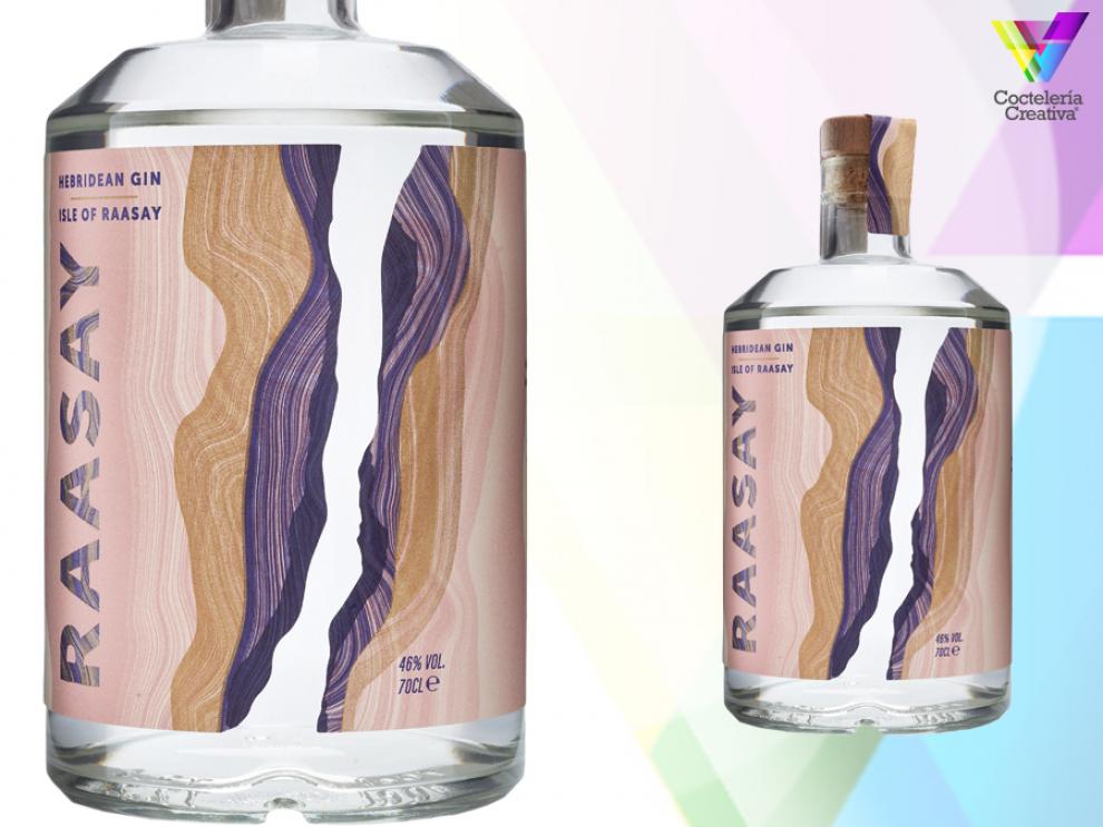 Detalle de etiqueta y botella completa de Isle of Raasay Hebridean Gin Detalle de etiqueta y botella completa de Isle of Raasay Hebridean Gin