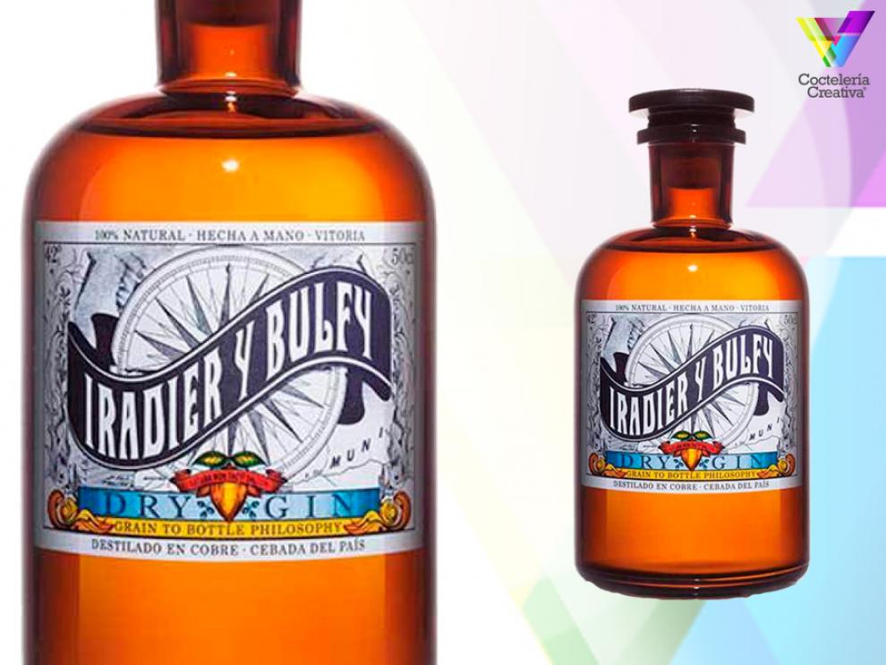 iradier y bulfi dry gin imagen de la botella de gin iradier y bulfy con detalle de la etiqueta