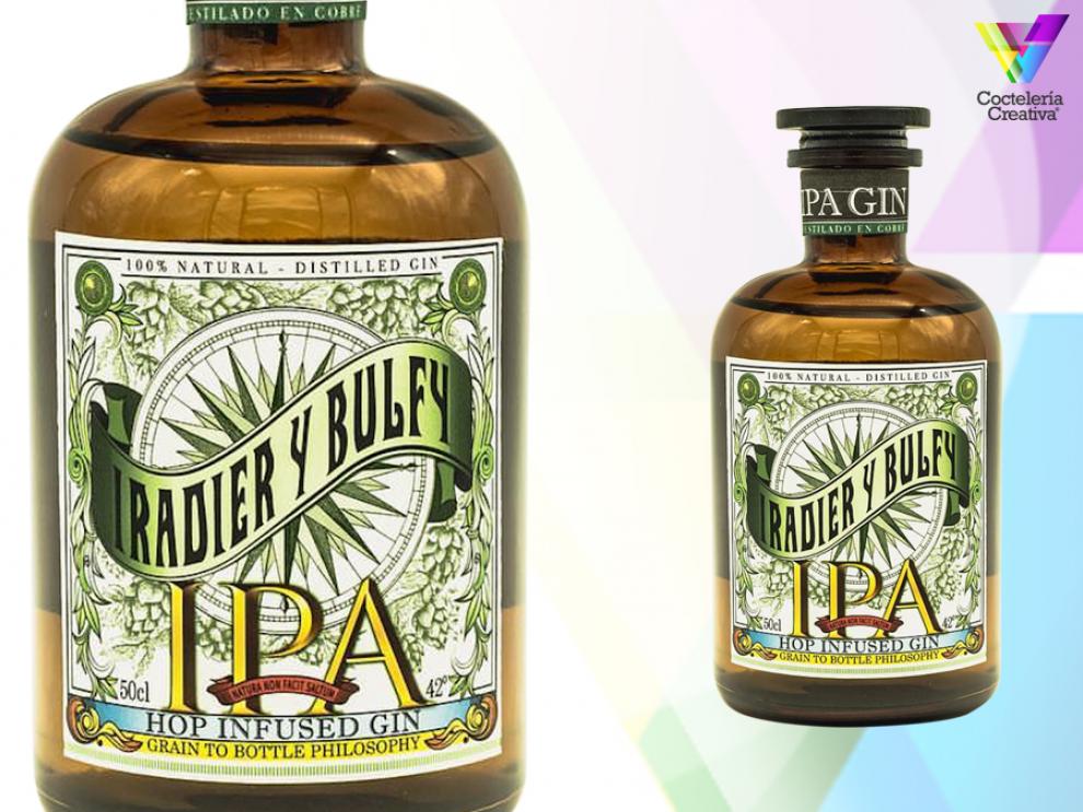 imagen de la botella de iradier y bulfy ipa gin con detalle de la etiqueta