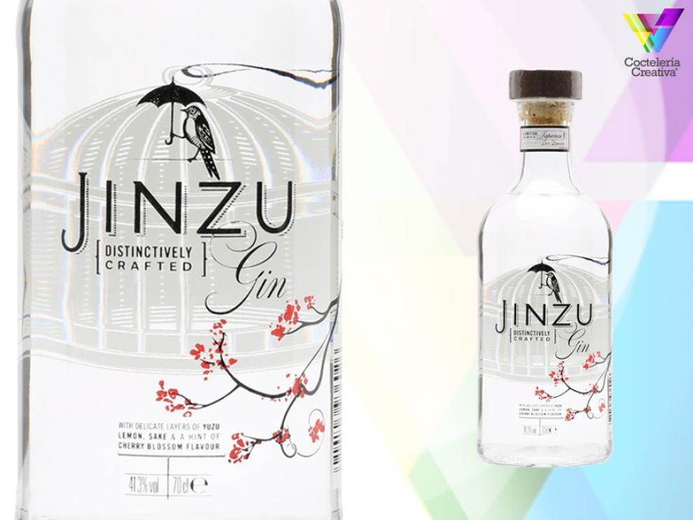 imagen de la botella de jinzu gin con detalle de la etiqueta