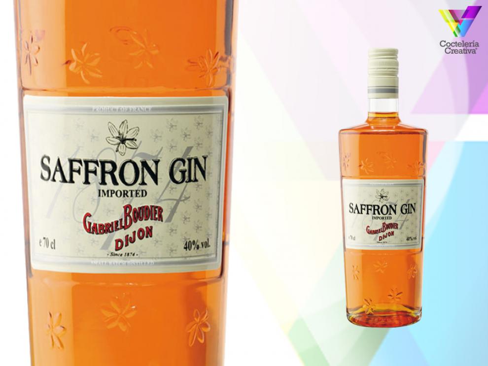 imagen de la botella de saffron gin con detalle de la etiqueta